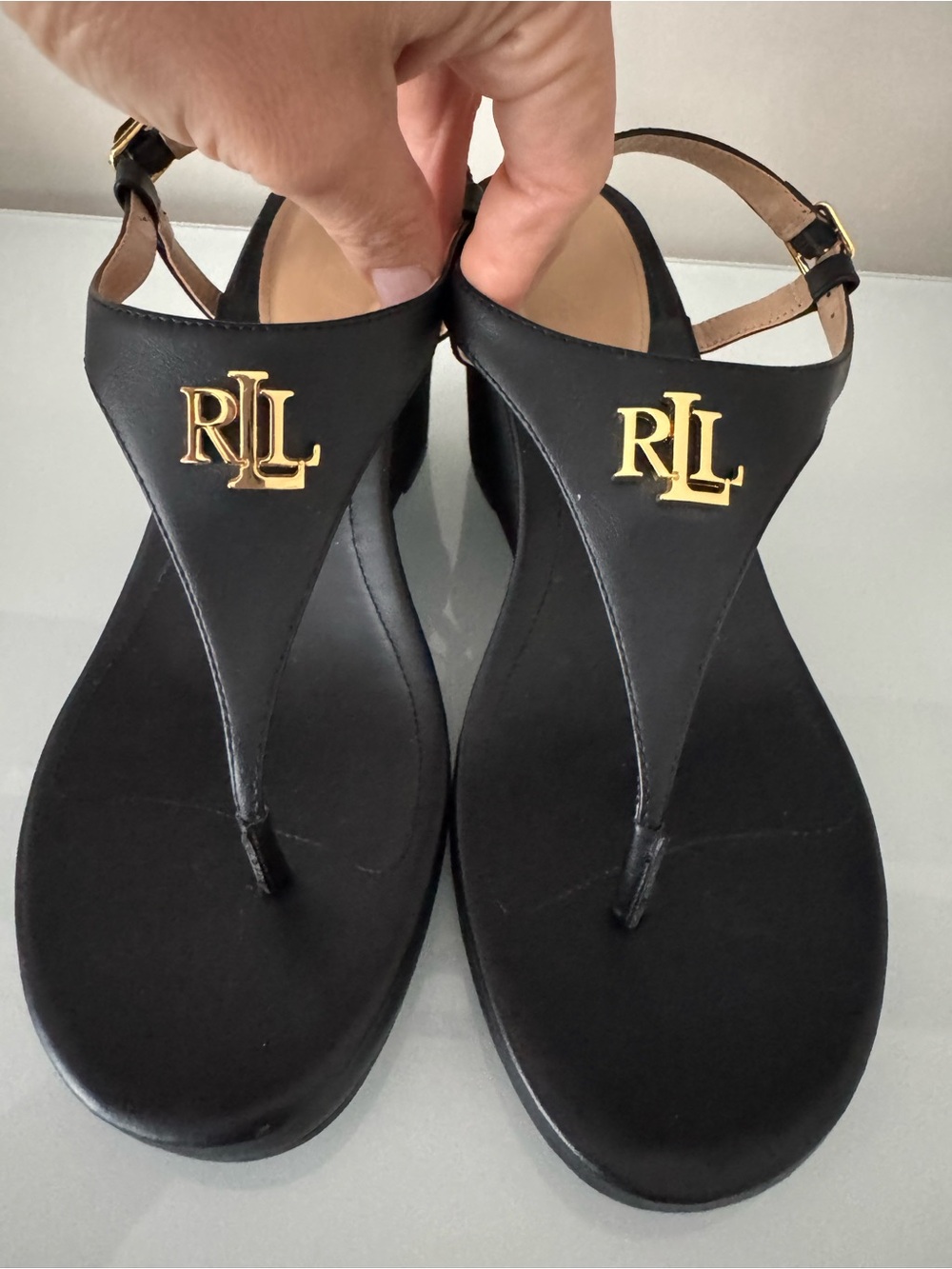 Lauren Ralph Lauren Black Leather T-Strap Sandals with Gold RLL Emblem 9.5
